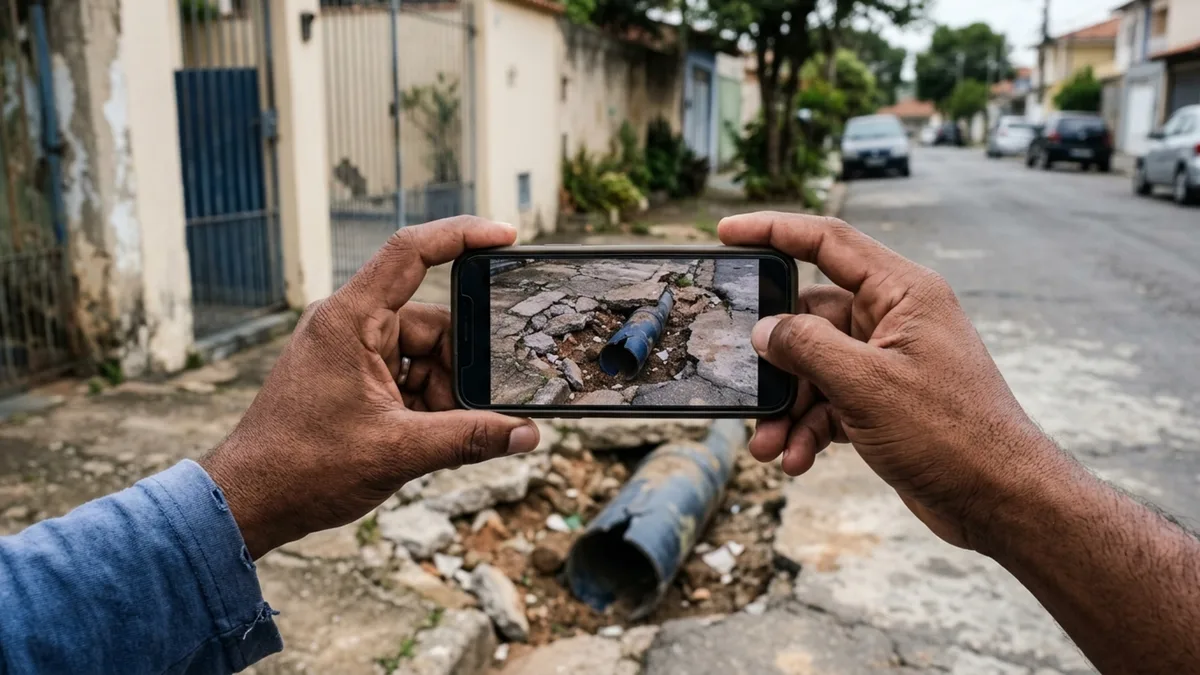 Quando voltou do trabalho, morador encontrou parte da calçada quebrada e uma nova tubulação atravessando a frente de sua casa; vizinho afirma que era o único caminho para ligar o esgoto