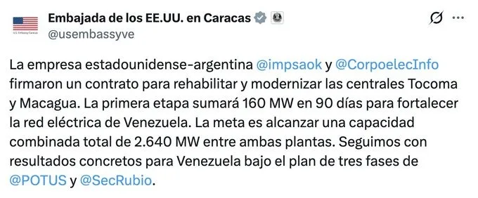 Primera fase de construcción de hidroeléctrica venezolana aportará 160 MW, dice EEUU