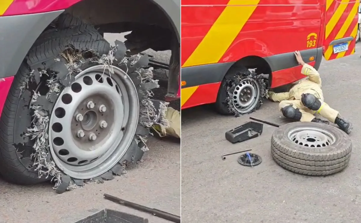 Vídeo! Após atendimento à mulher baleada pelo ex-marido, bombeiro precisa trocar pneu de ambulância no Santa Quitéria