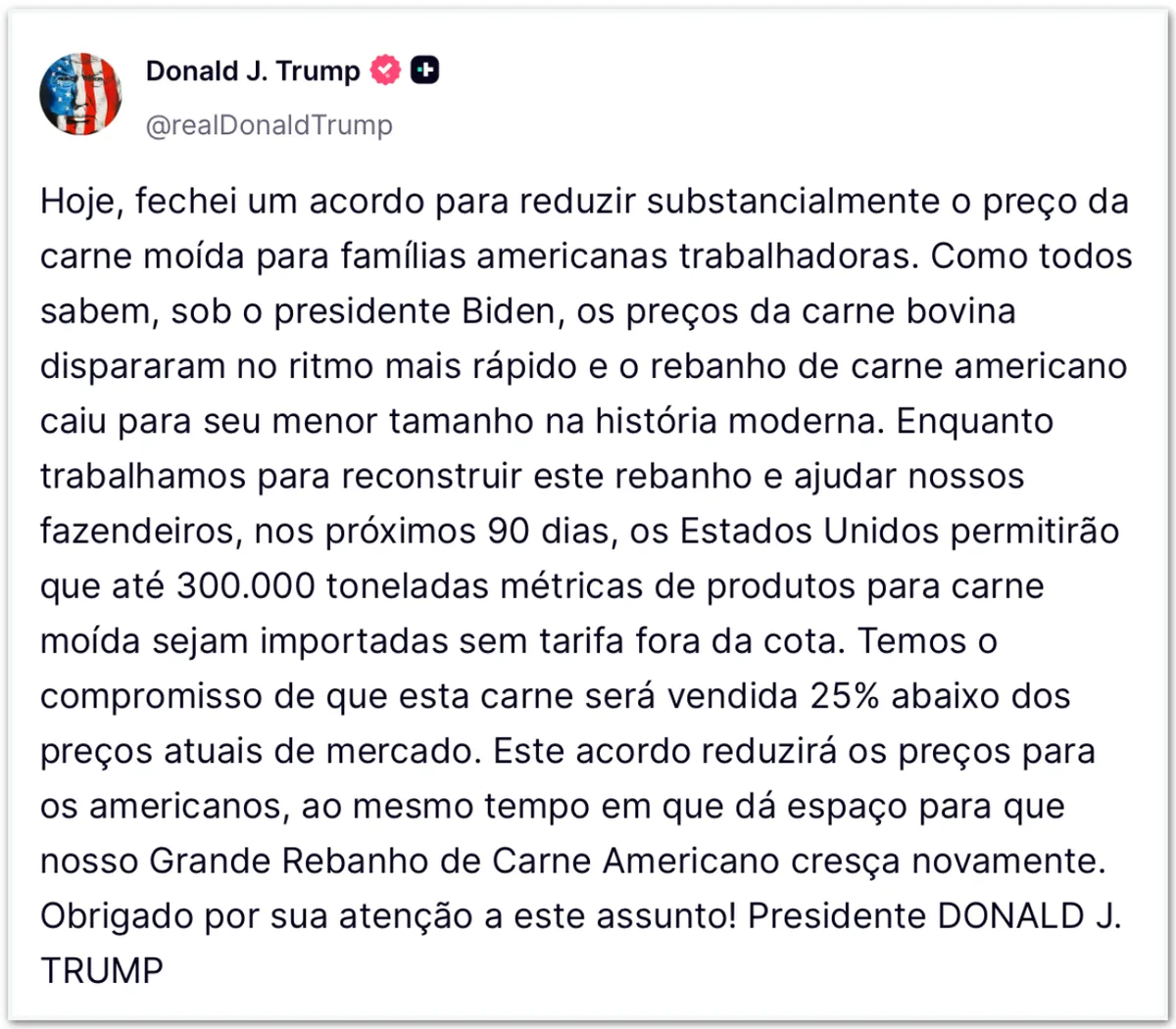 Trump anuncia isenção na importação de carne por até 90 dias