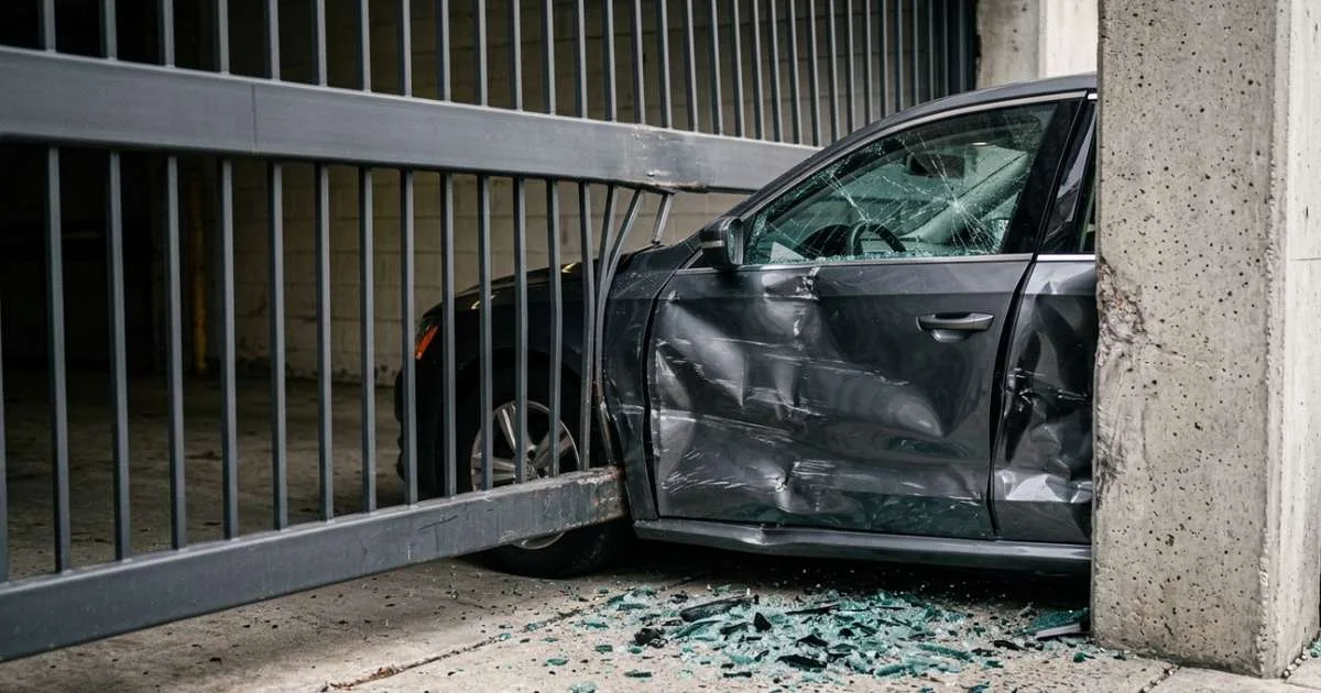 Condomínio deixa o portão da garagem fechar enquanto um veículo ainda está passando, danifica teto e para-brisa do carro; uma falha no sensor pode terminar em reparos caros e discussão sobre responsabilidade do condomínio