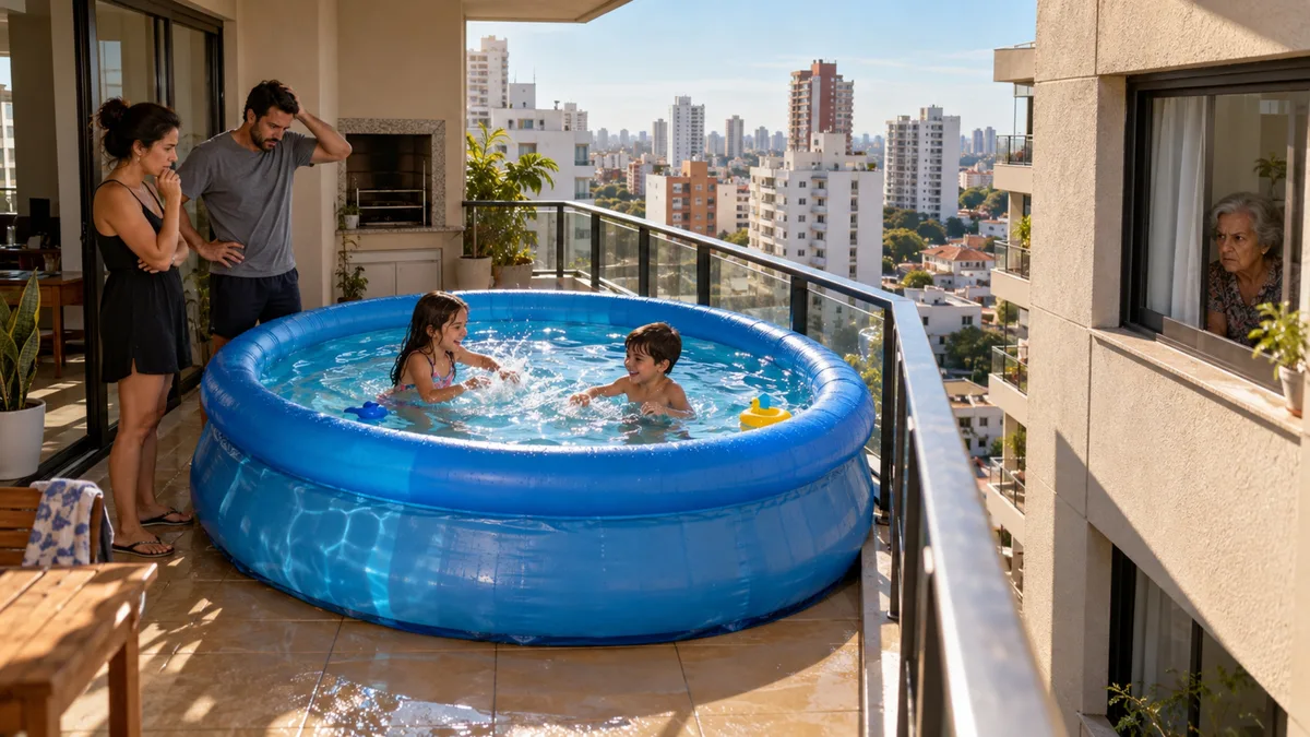 Pais compram piscina inflável de 3 mil litros para o feriado e descobrem que o condomínio pode multar pelo peso na laje
