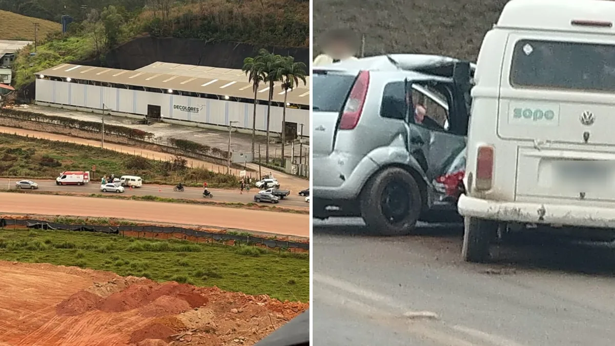 Três pessoas ficam feridas em batida entre 2 carros e Kombi em Cachoeiro
