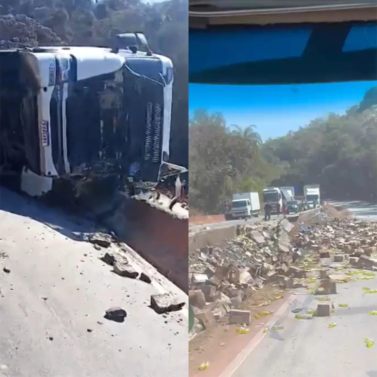 Carreta carregada de detergente tomba e interdita Fernão Dias no sentido BH
