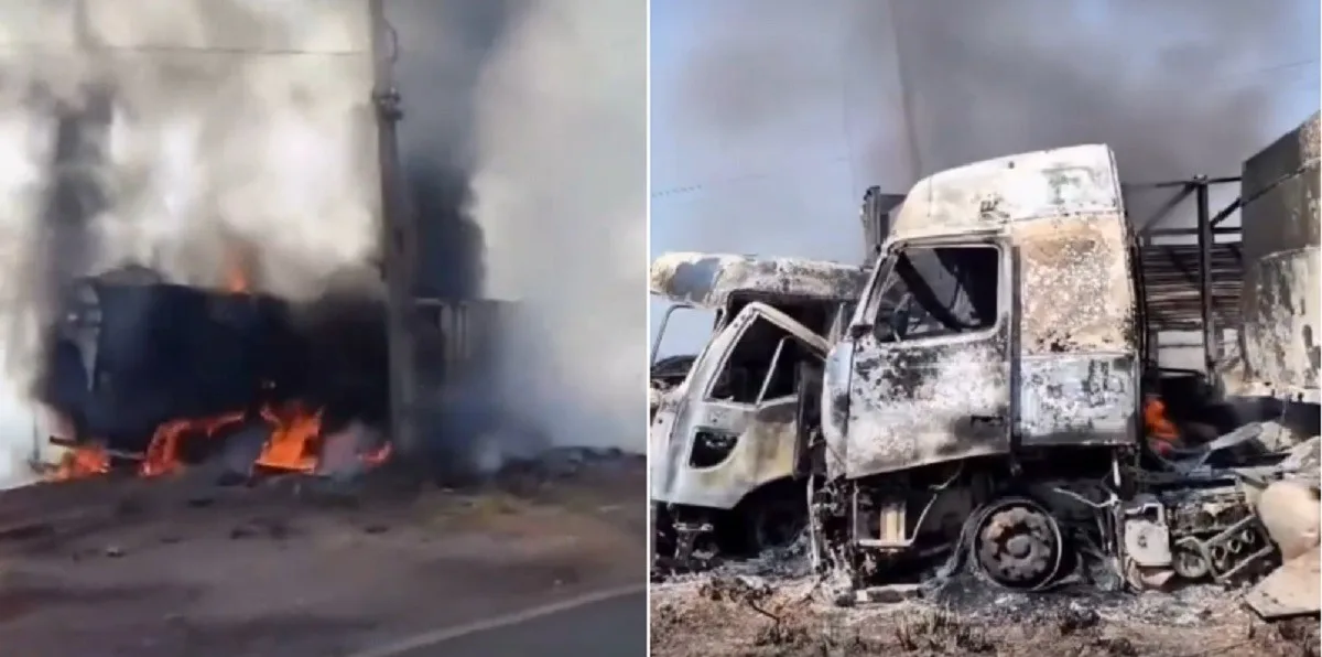 Dois caminhões pegam fogo após colisão na BR-155 e motoristas ficam feridos no Pará