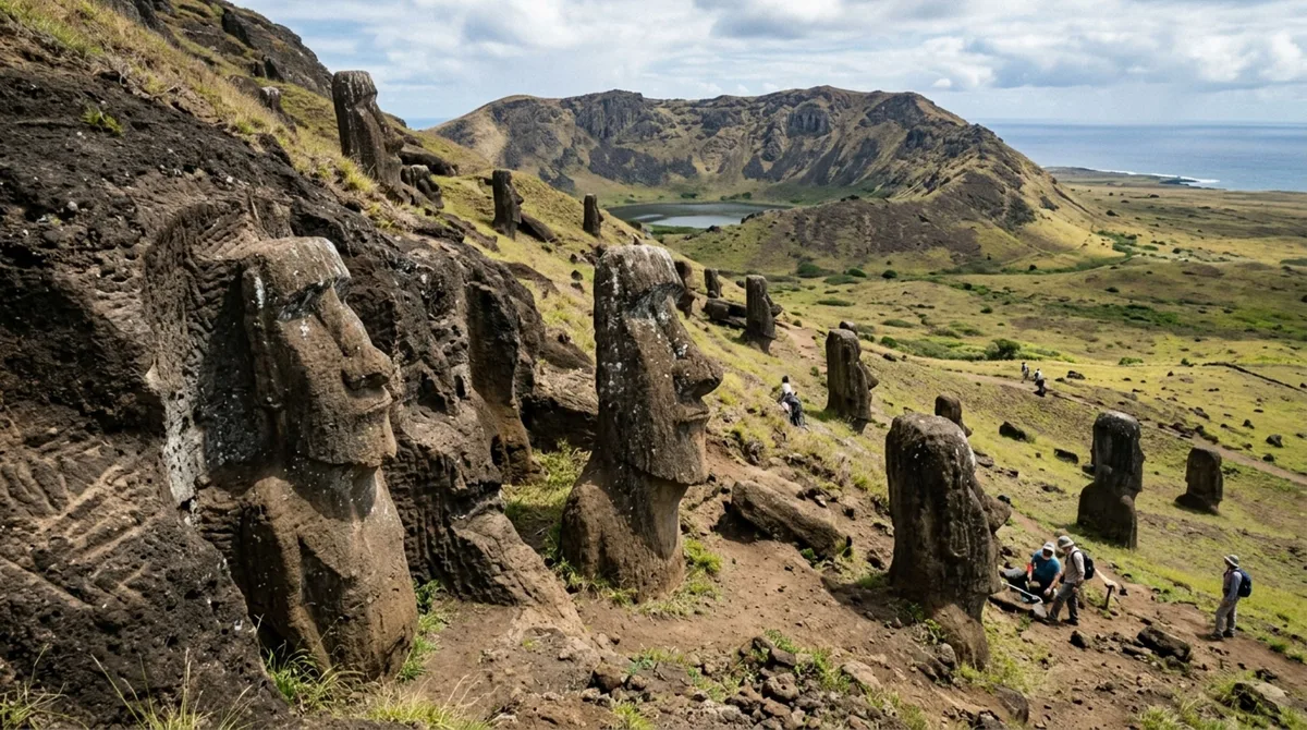 Uma ilha do Pacífico guarda centenas de moai e muitos ficaram na própria pedreira onde alguns ainda parecem nascer da montanha