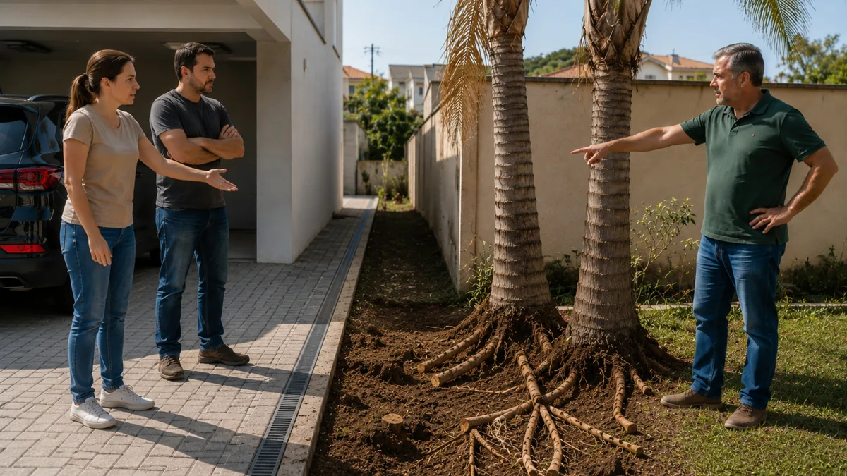 Casal amplia entrada da garagem e corta raízes de duas palmeiras vizinhas que começam a secar seis meses depois