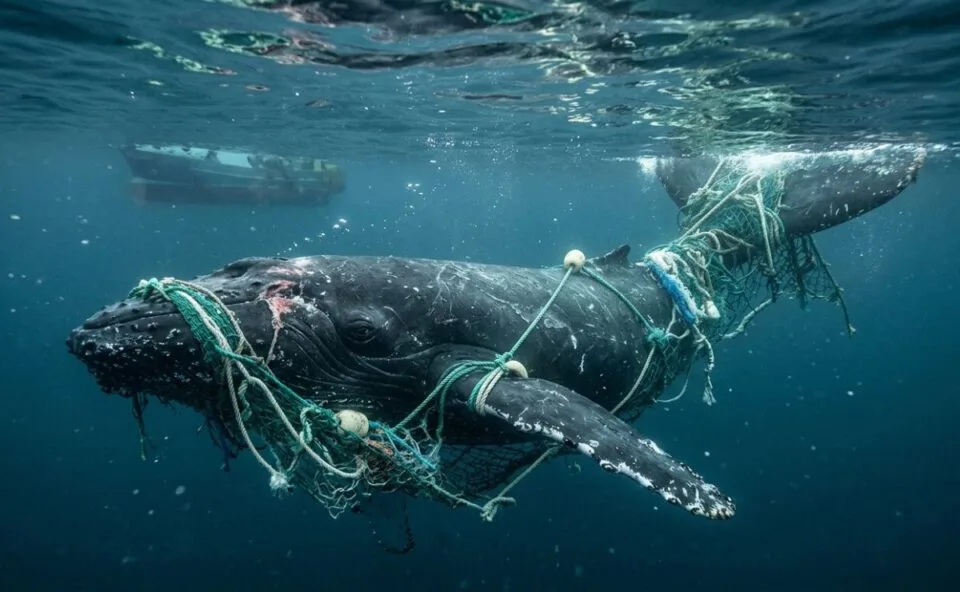 Baleia-jubarte fica presa em rede de pesca e acompanha mergulhadores após ser salva por eles