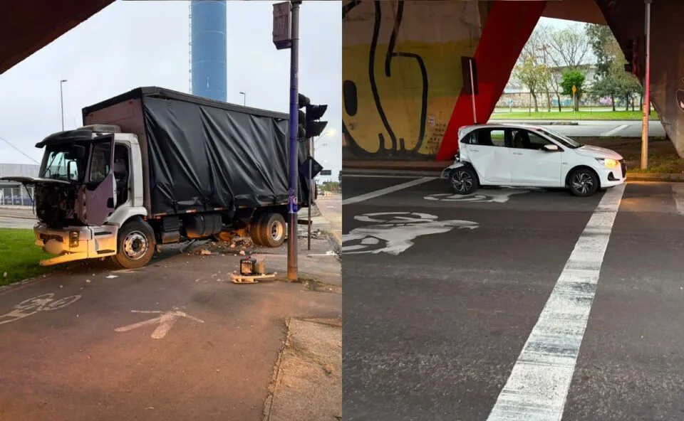Carreta desgovernada bate em caminhão e carro parados no sinaleiro e trecho da Linha Verde é bloqueado, em Curitiba
