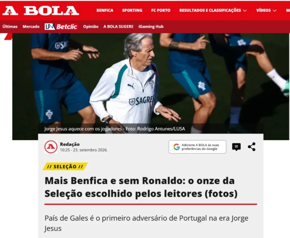 Portugueses elegem time ideal de Portugal para estreia de Jorge Jesus e deixam Cristiano Ronaldo de fora