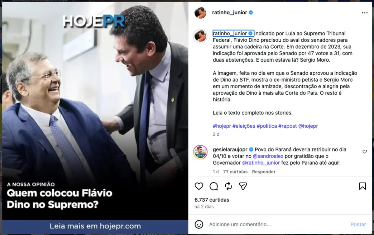 Crusoé: Ratinho Jr. culpa Moro por Dino no STF