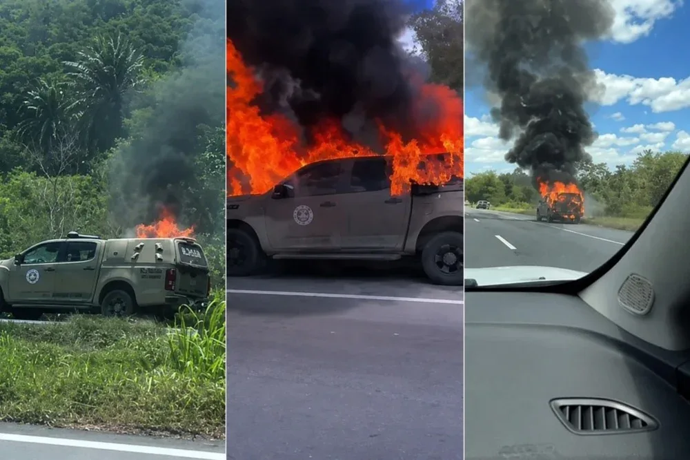 Vídeo: Viatura da PM pega fogo na BR-324