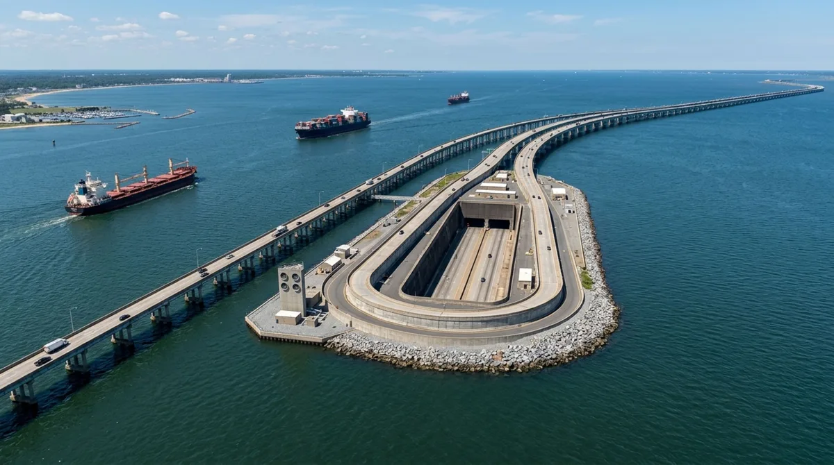 Em uma travessia de quase 28 quilômetros nos Estados Unidos, uma estrada parece desaparecer duas vezes dentro do oceano porque pontes gigantescas são interrompidas por túneis construídos para deixar navios militares e cargueiros passarem livremente acima