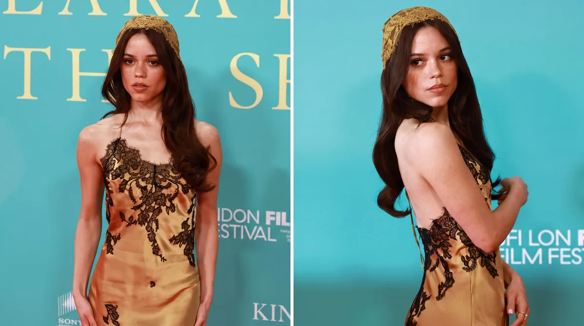 Jenna Ortega, la chica de oro del Festival de Londres: del vestido satinado al tocado que sumó romanticismo