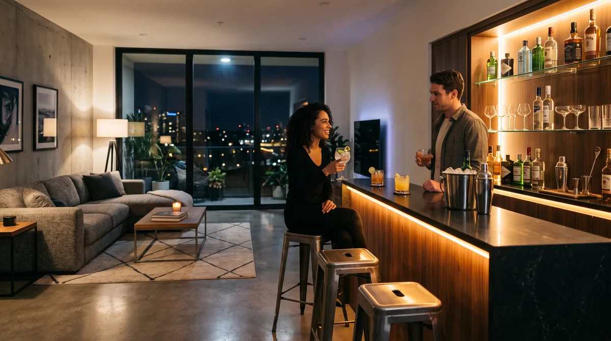 Quanto custa montar um home bar iluminado na sala de estar em 2026 para receber amigos?