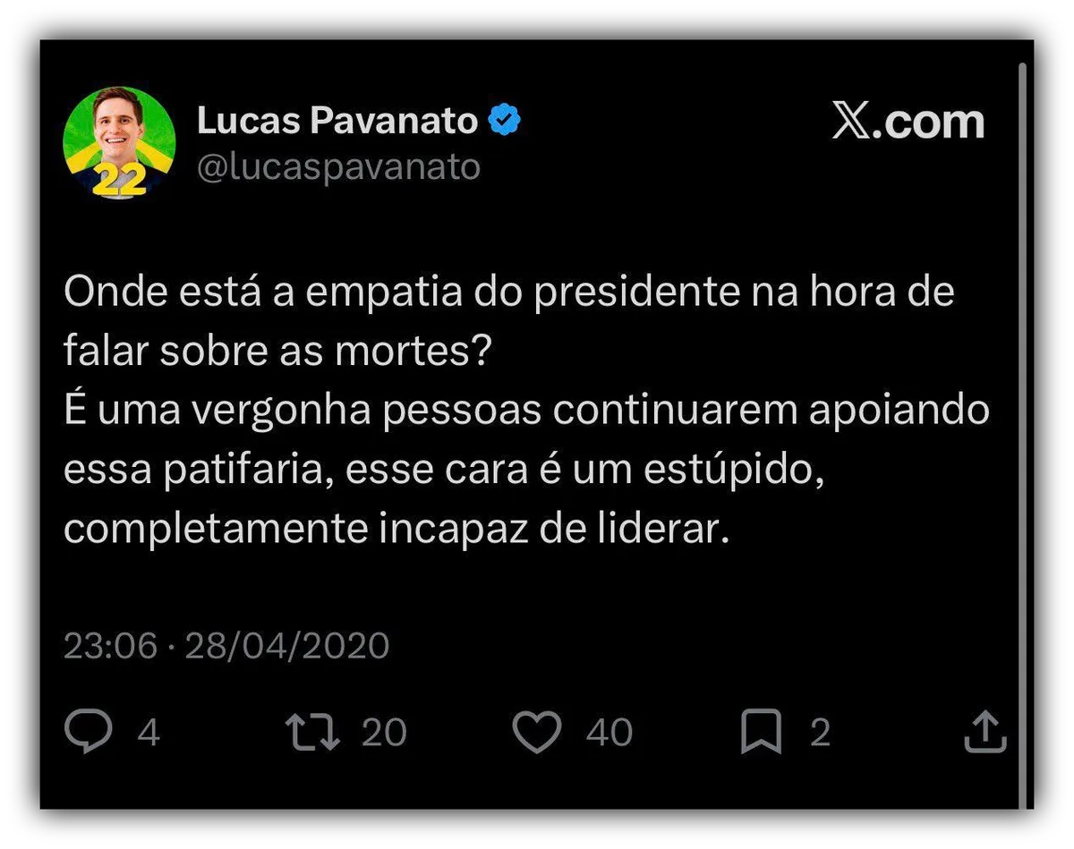 Internautas viralizam posts antigos de Pavanato criticando Bolsonaro