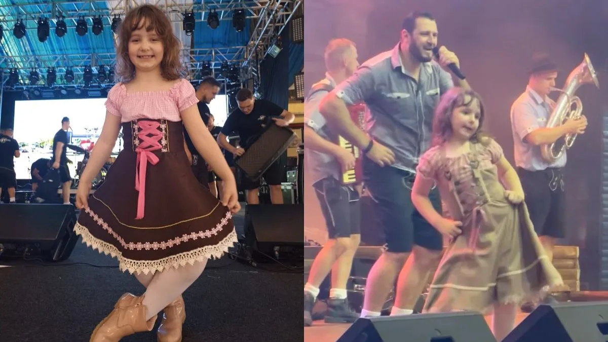 Quem é menina de 7 ano que roubou a cena em cima do palco, cresceu em meio à festa típica alemã, mas sonha em brilhar de um jeito diferente em SC