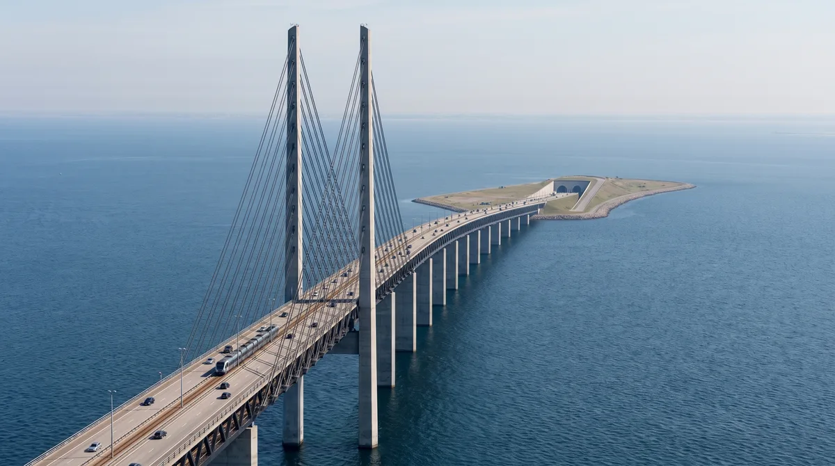 A ponte entre Suécia e Dinamarca parece terminar no meio do mar, mas carros e trens continuam a viagem por quilômetros sem voltar à superfície