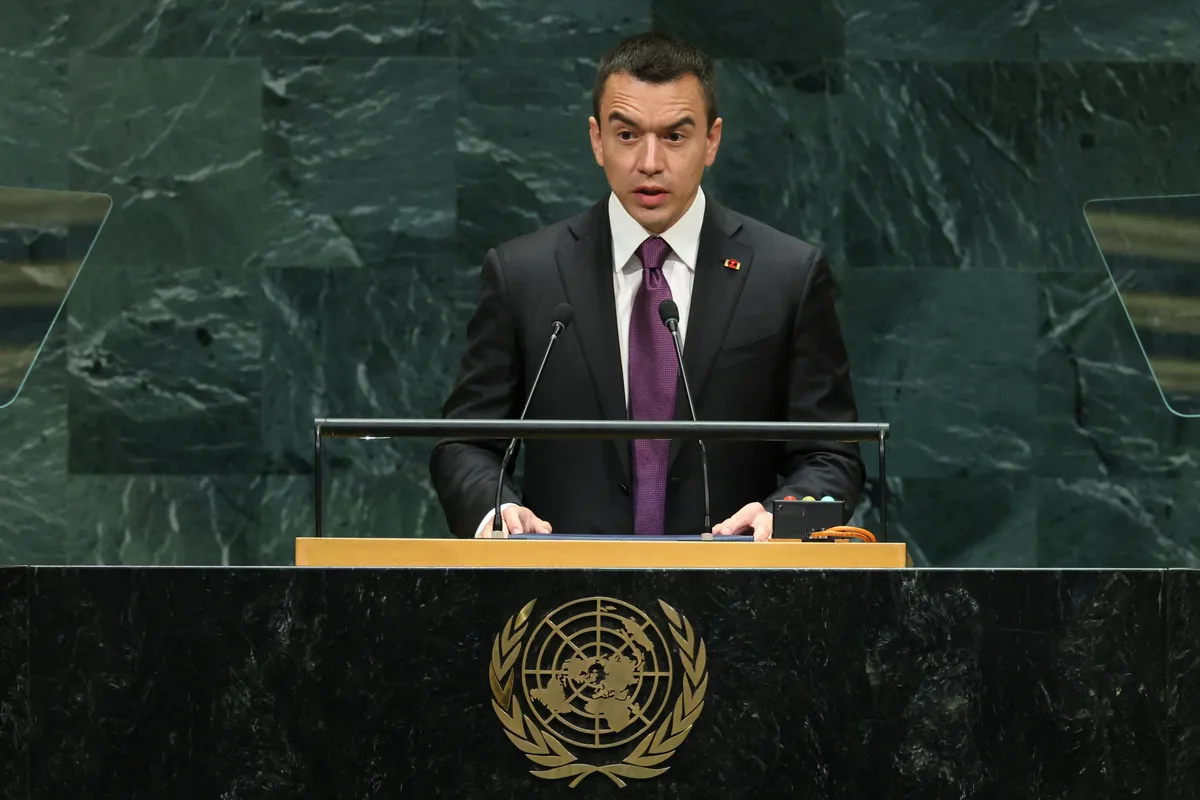 El presidente Daniel Noboa reclamó ante la ONU una respuesta coordinada contra el crimen organizado transnacional