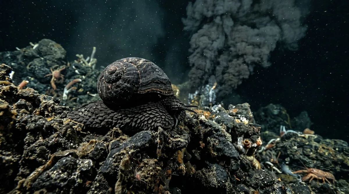 O caracol-de-pé-escamoso vive entre 7.800 e 9.500 pés de profundidade junto a fontes hidrotermais e é o único animal conhecido que produz uma armadura incorporando metal