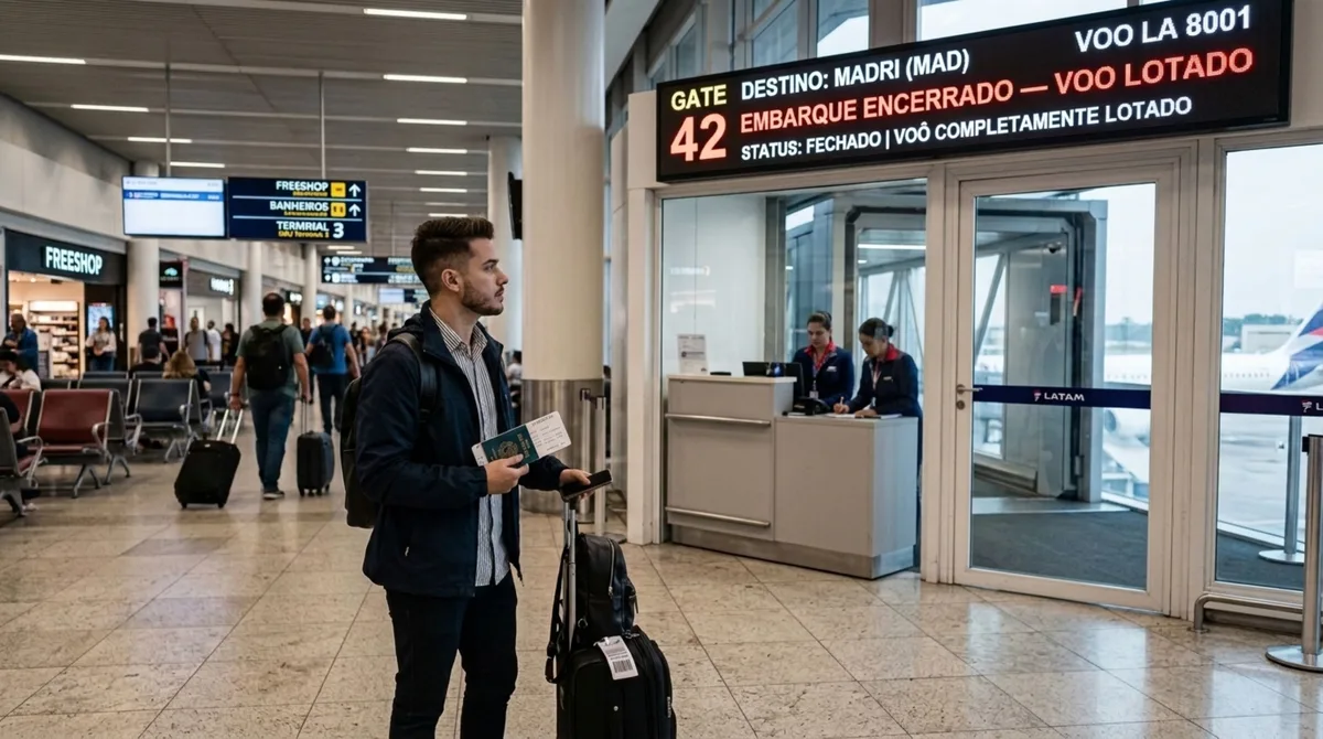 Homem chega ao aeroporto para fazer viagem internacional e, ao tentar embarcar no avião, companhia aérea diz não ser possível, pois o voo está lotado, cliente diz saber que essa prática é ilegal e exige ser colocado no próximo voo, caso contrário, entrará na justiça