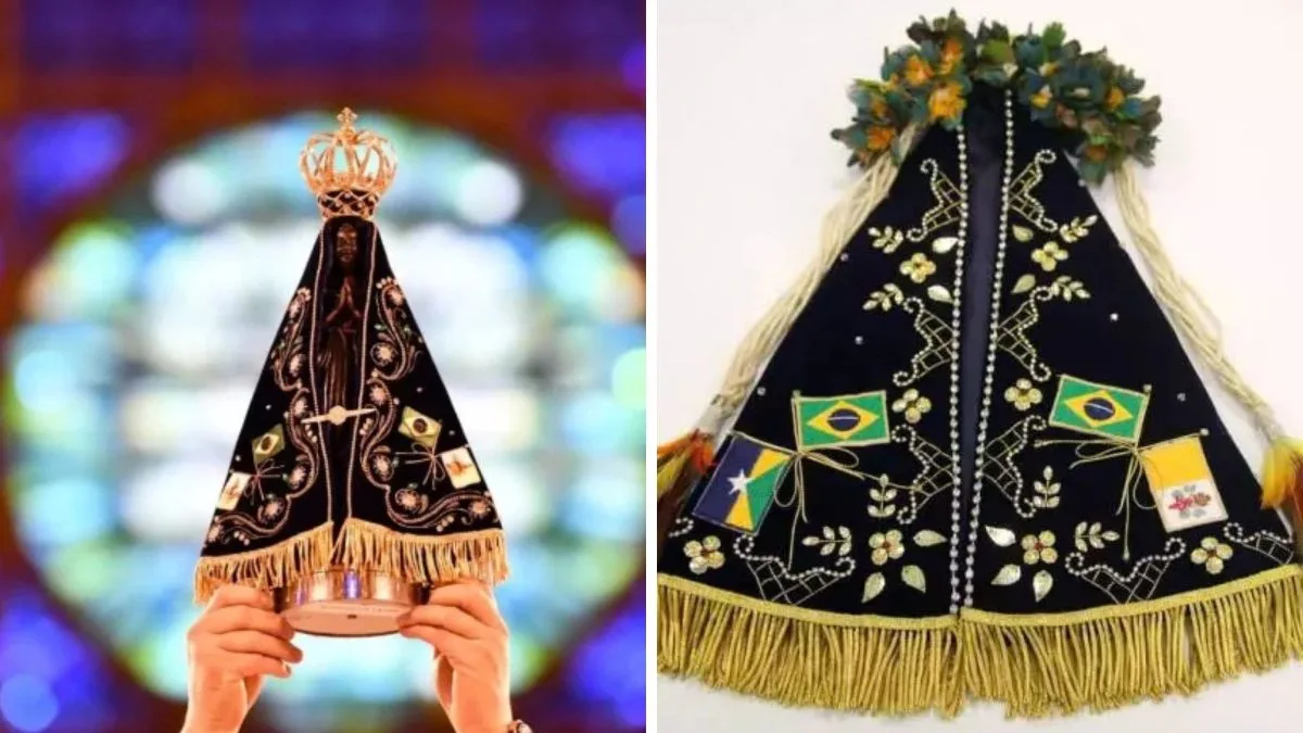 Nossa Senhora Aparecida não tem apenas um manto, mas 27, um para cada estado do Brasil: vestes minuciosamente cortadas, bordadas e costuradas por irmã carmelita