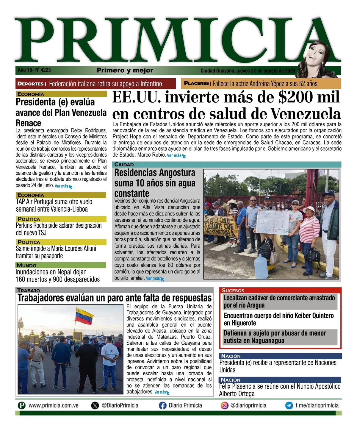 Portadas de este jueves 27 de agosto de 2026