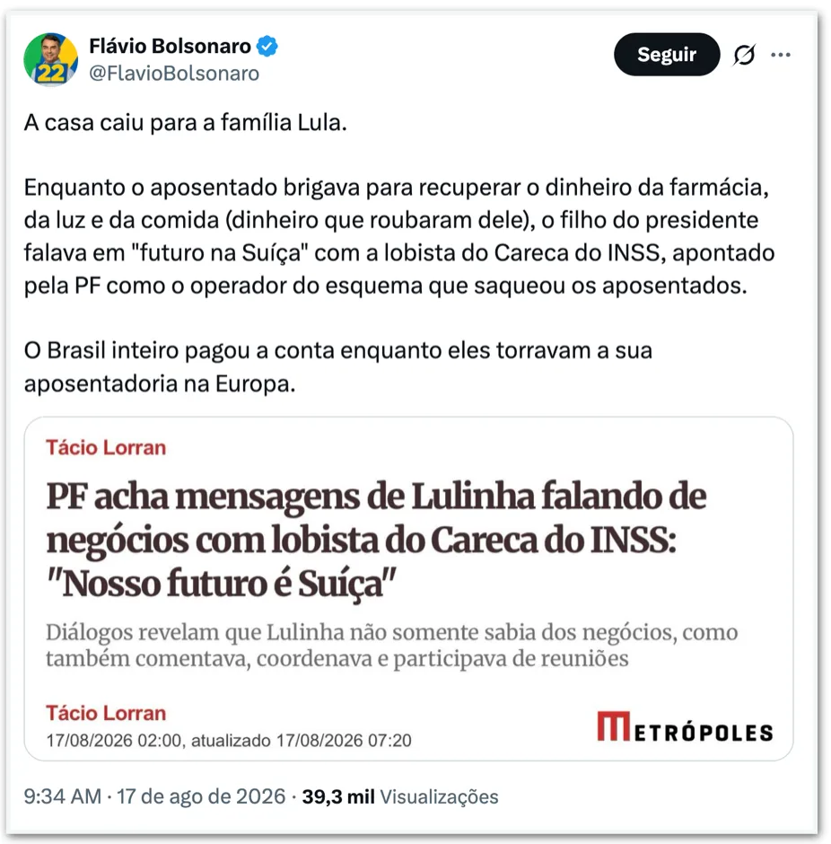 Flávio e Eduardo Bolsonaro criticam Lulinha por diálogos com lobista