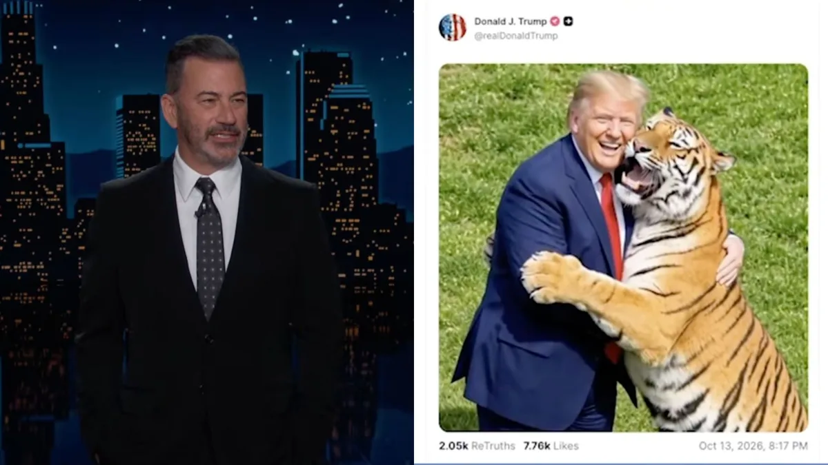 Jimmy Kimmel reacts to Trump posting an AI video of himself wrestling a tiger