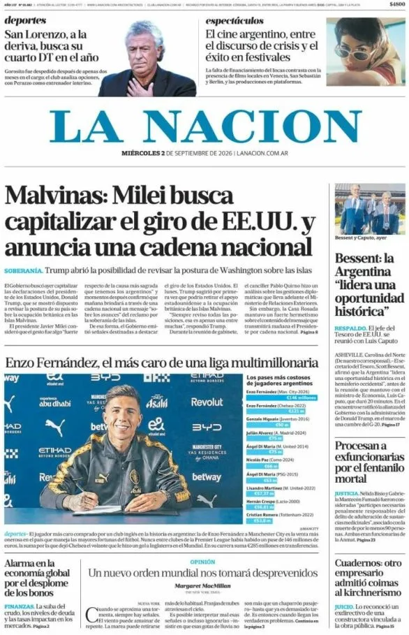 Portadas latinoamericanas de este miércoles 2 de septiembre de 2026