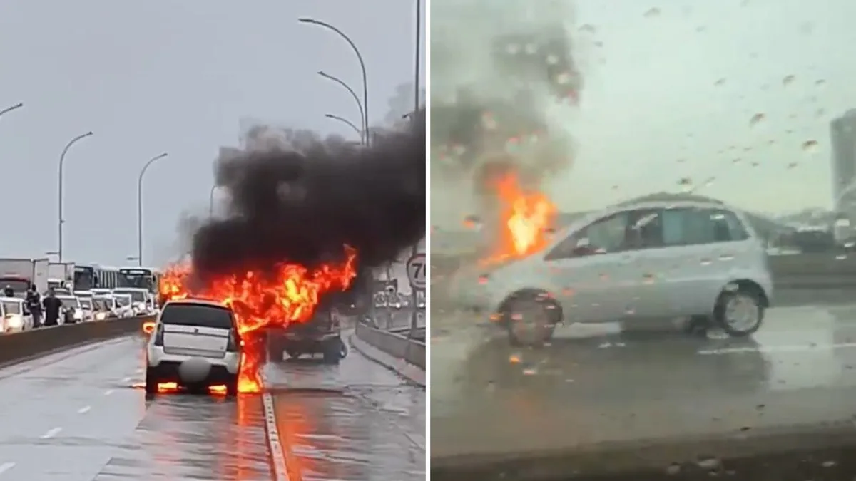 Carro pega fogo e interdita a Terceira Ponte