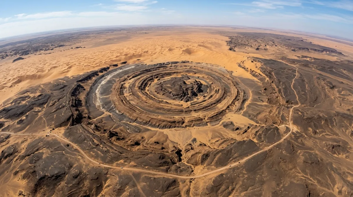 No meio do Saara existe uma formação circular com cerca de 40 quilômetros de diâmetro, composta por enormes anéis concêntricos que só revelam plenamente seu desenho quando observados a grande altitude
