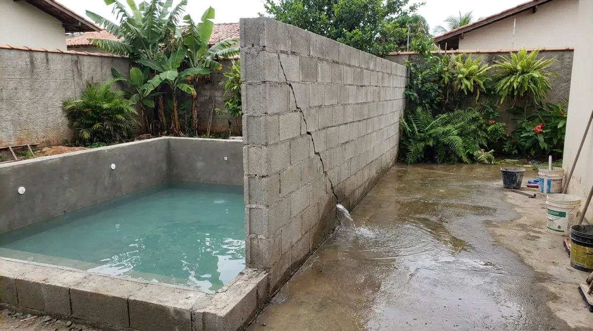 Proprietário constrói piscina no fundo do terreno e, após enchê-la, percebe problema estrutural e vazamento, vizinho encontra o quintal alagado e o muro com novas rachaduras