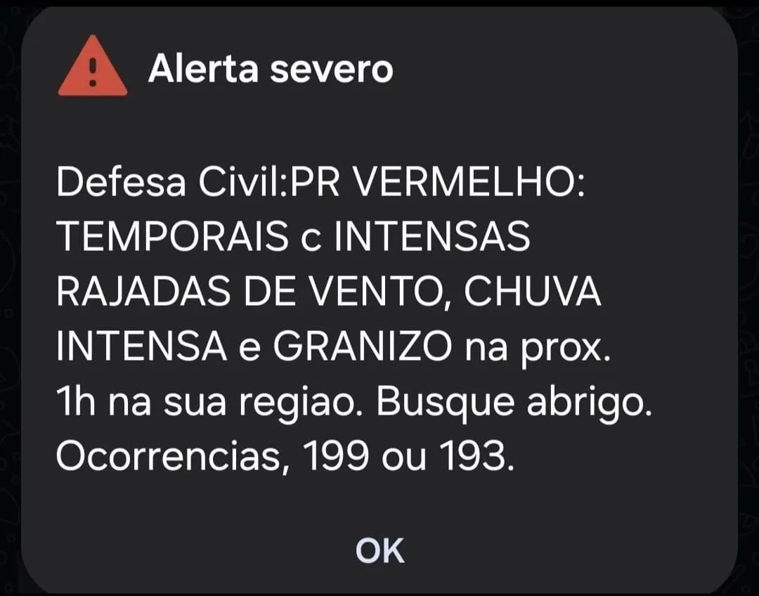 Alerta vermelho no celular: Defesa Civil dispara aviso de tempestade severa em Curitiba e região
