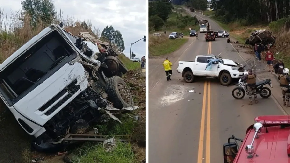 Motorista fica preso nas ferragens após colisão entre caminhonete e caminhão na SC-120