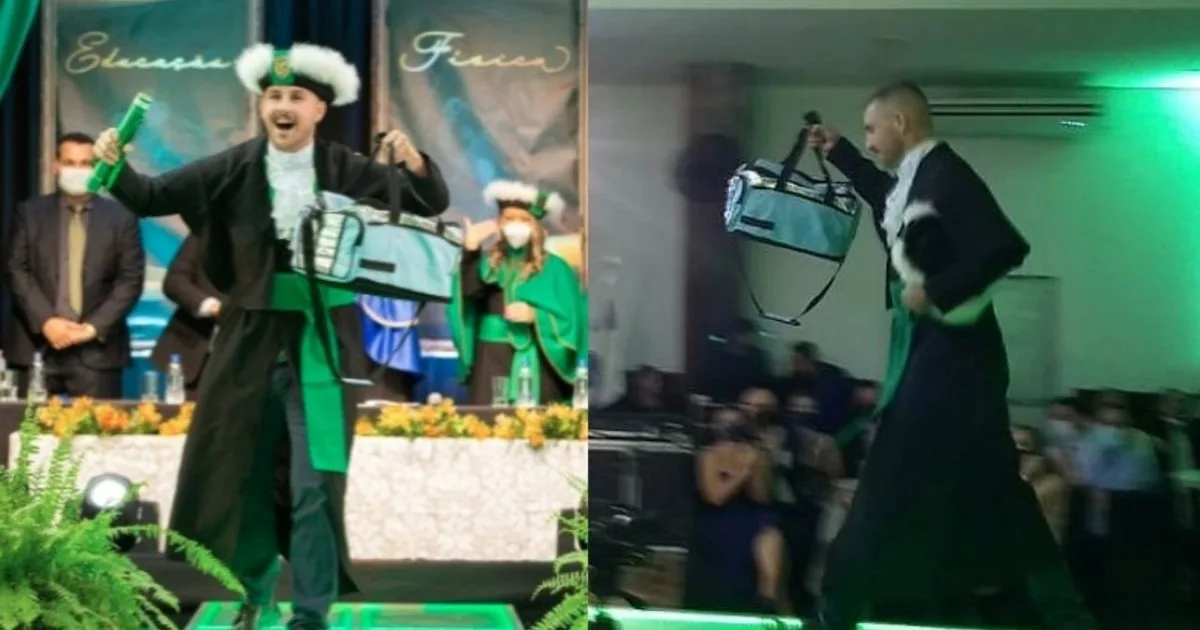 A sus 23 años, el estudiante que se gradúa entra a la ceremonia llevando la bolsa térmica que usó durante años para vender bocadillos en el autobús, rindiendo homenaje a su madre, quien preparaba los bocadillos todas las noches, y transformando su diploma de Educación Física en un reconocimiento público del trabajo que ayudó a pagar cada cuota de matrícula