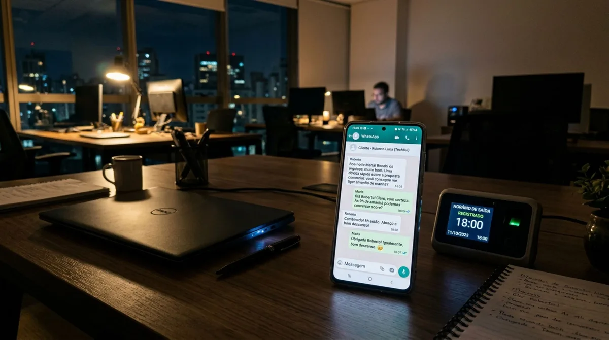 Funcionário bate o ponto às 18h, continua respondendo clientes pelo WhatsApp até a noite e, meses depois, percebe que esse período não aparece no espelho de ponto, empresa diz que eram apenas mensagens rápidas