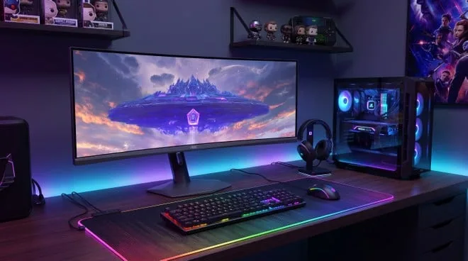 AOC lança monitor gamer curvo gigante de 49" com tela QD-OLED e taxa de 240Hz
