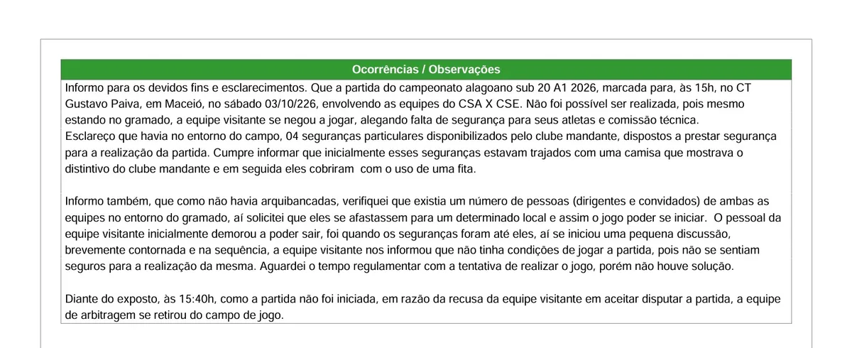 Presidente do TJD/AL nega pedido liminar do CSE para impugnar W.O contra o CSA no Alagoano Sub-20