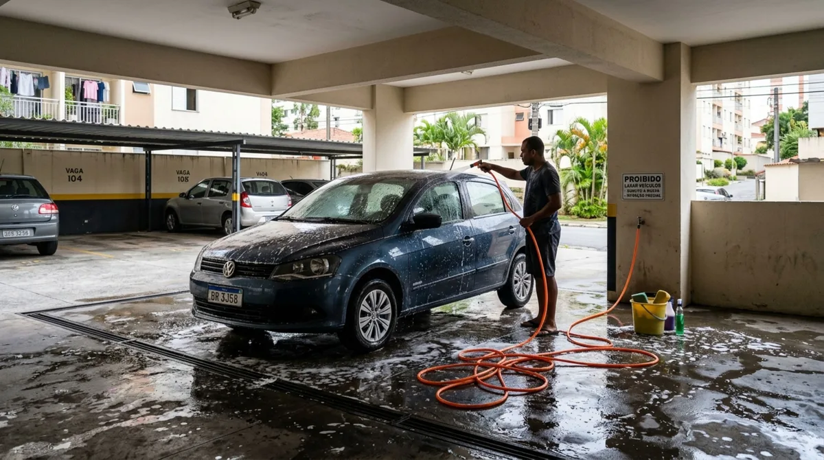 Morador lavava o carro na garagem todos os domingos há 10 anos, vizinhos reclamam do piso molhado e do consumo de água, e síndico proíbe a prática com base no regimento e morador recebe multa de R$ 1.000 por infração ambiental