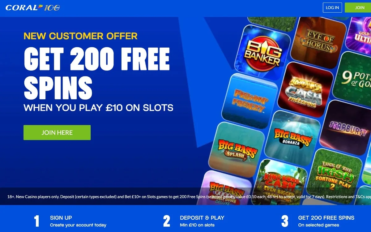 Coral casino welcome offer: Bet £10, get 200 free spins
