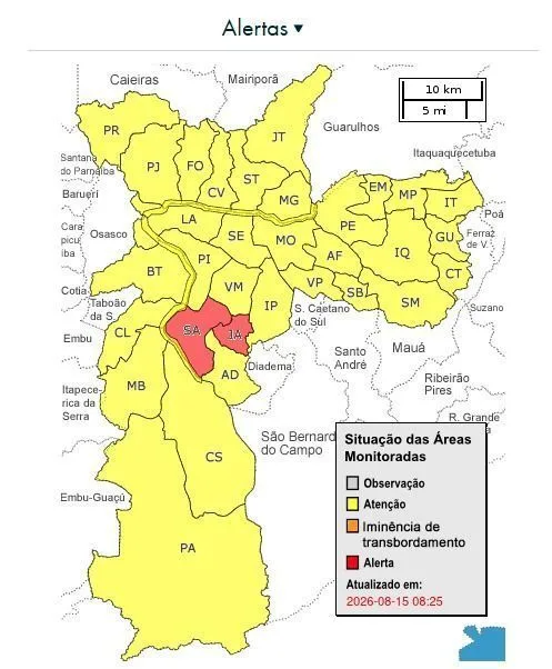 Defesa Civil emite alerta severo para chuva forte, raios e ventos em SP