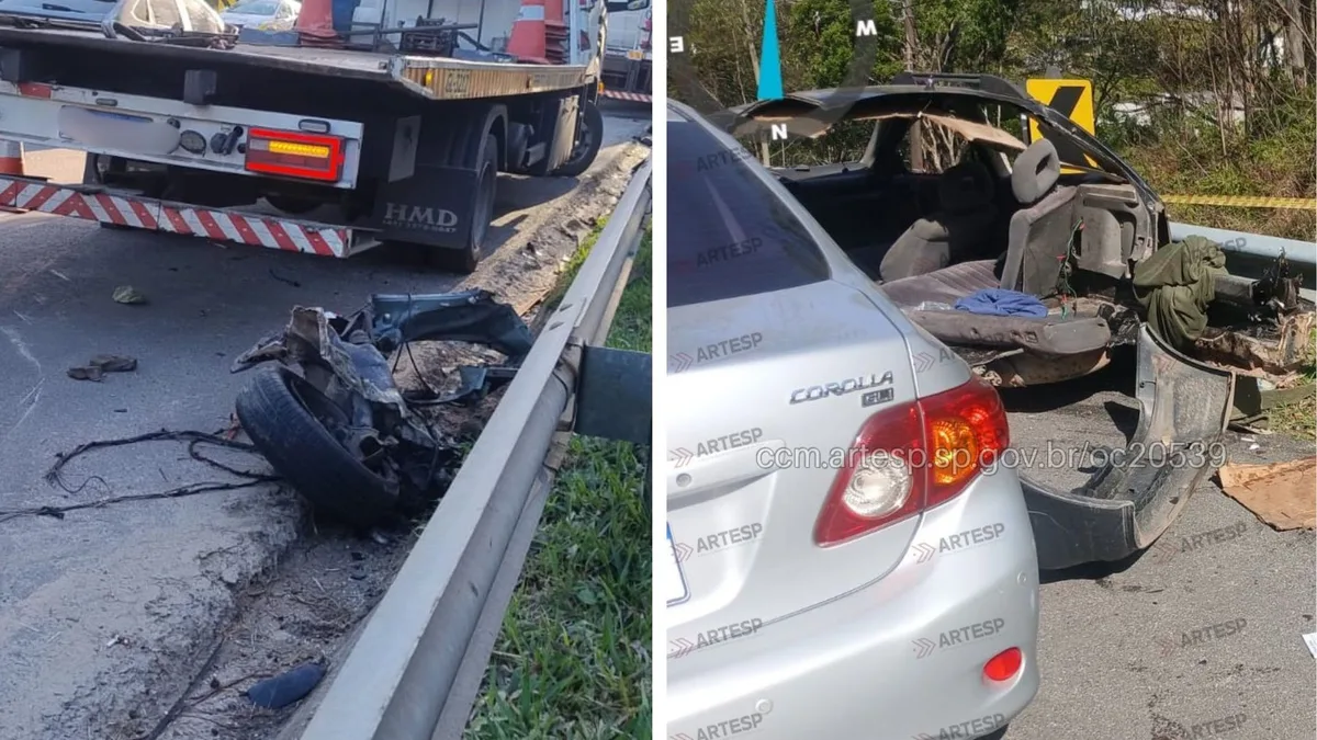 Carro fica partido ao meio após acidente que deixou um morto e nove feridos na Mogi-Bertioga; VEJA
