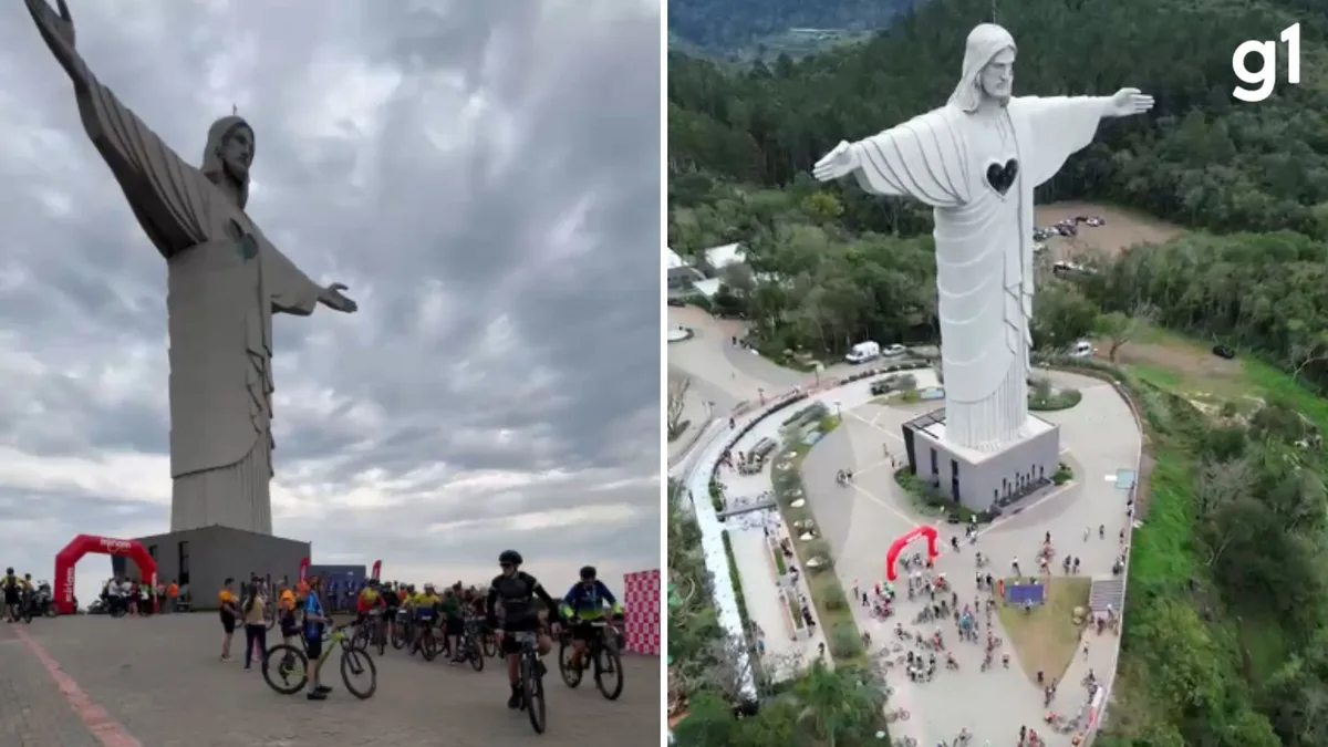 Mais de 600 ciclistas percorrem 52 km e passam por 12 monumentos religiosos em desafio de bike até o Cristo Protetor