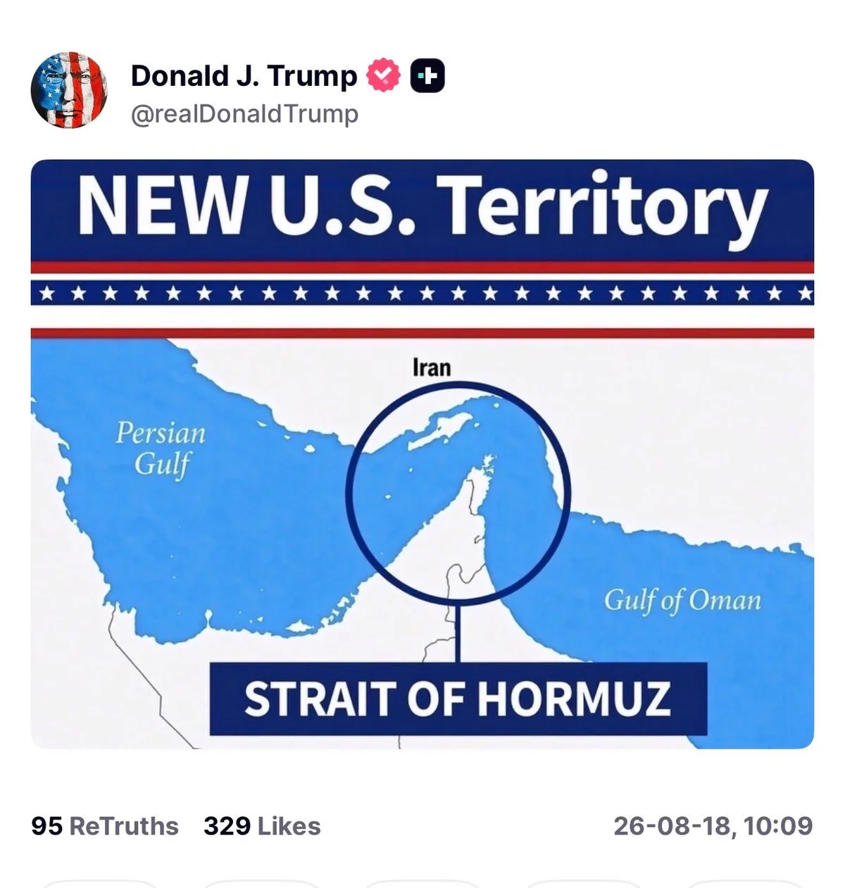 Donald Trump publica un mapa con el Estrecho de Ormuz como "nuevo territorio estadounidense"