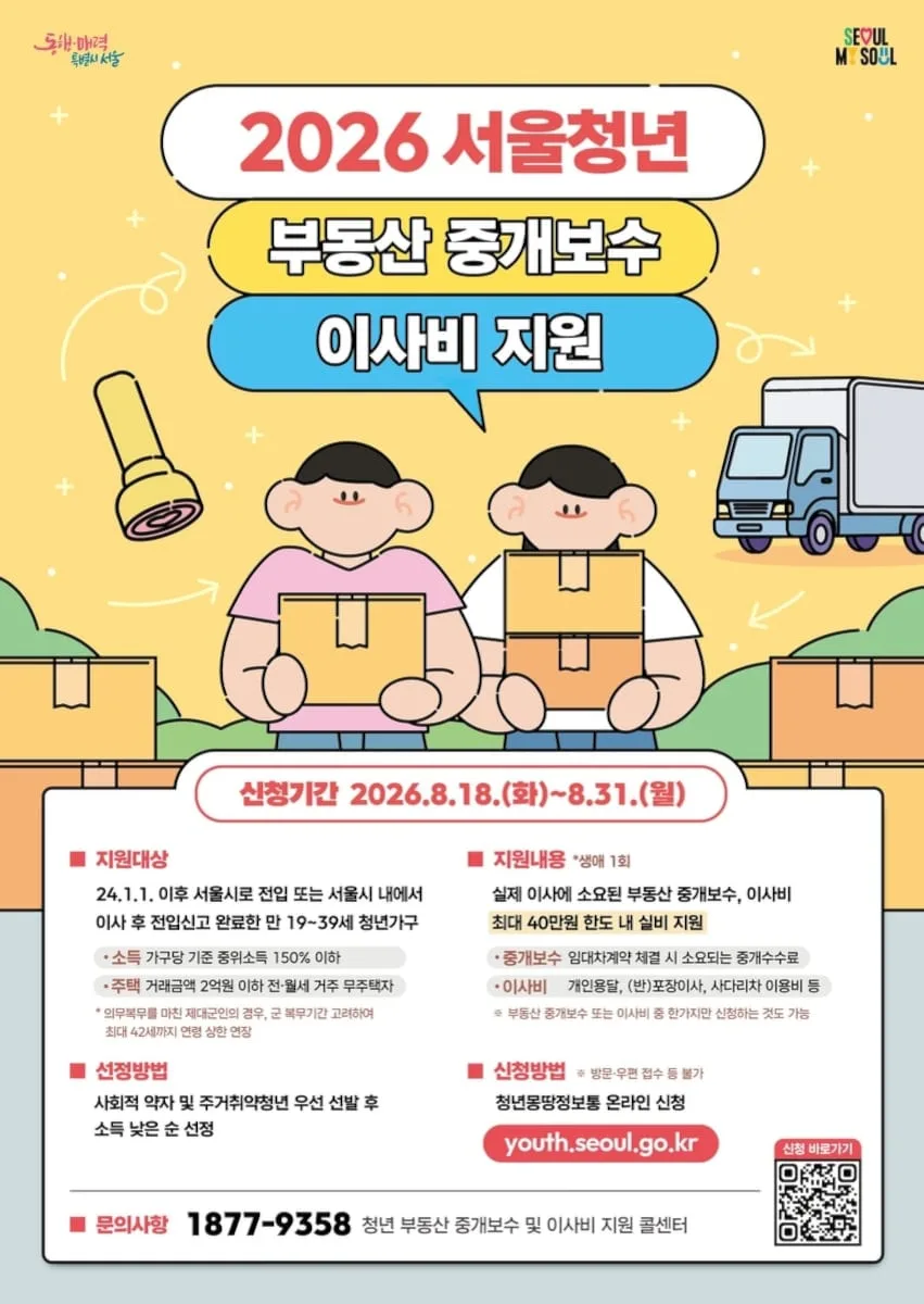 서울시, 청년 이사비·중개보수 최대 40만원 지원