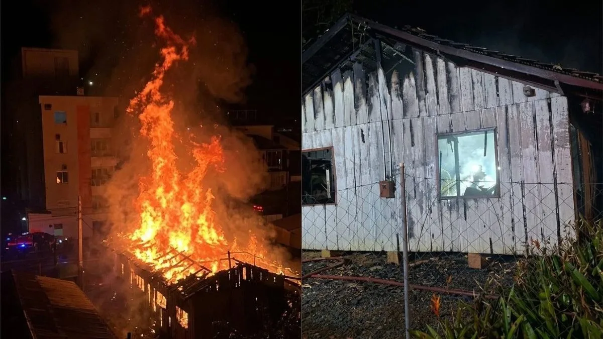VÍDEO: Casa é destruída por incêndio e moradores são atendidos pelos bombeiros em SC