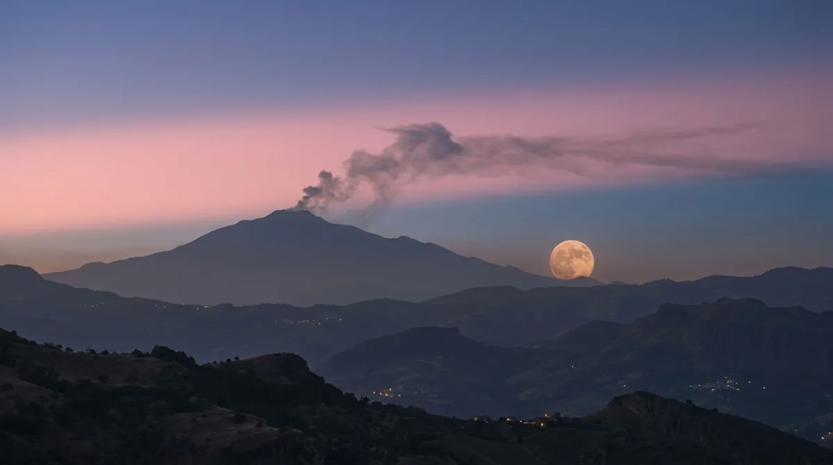 A Lua cheia subiu enquanto o Etna lançava cinzas e uma única cena reuniu vulcão, crepúsculo e o Cinturão de Vênus