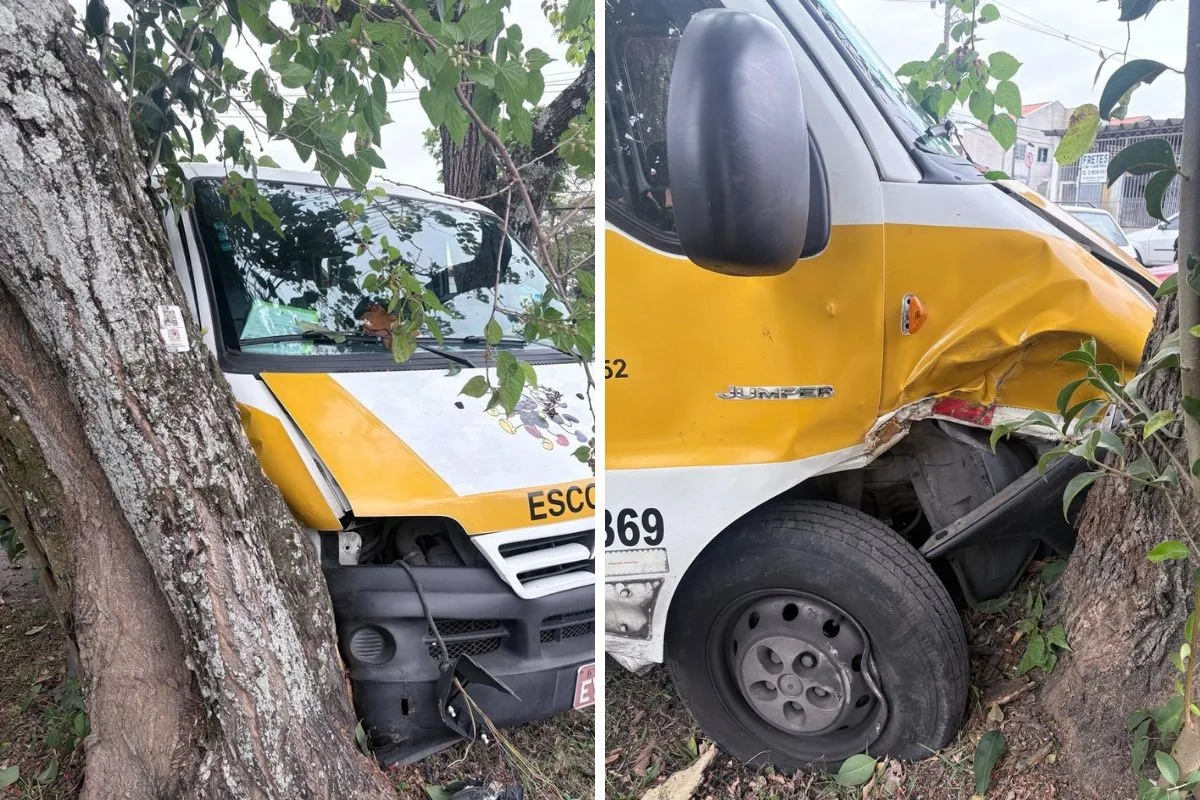 Vídeo: Van escolar bate em árvore após acidente em cruzamento de São José dos Campos