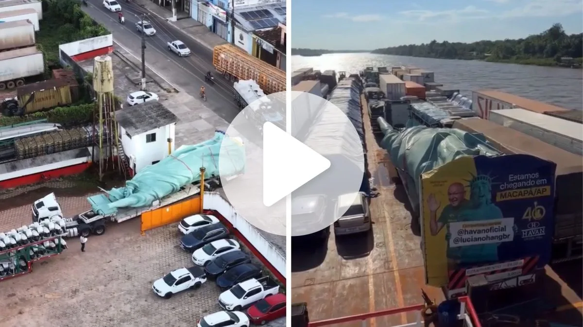 Estátua da Liberdade de 24 metros e oito toneladas fabricada em SC já percorreu 3,5 mil km e é embarcada em balsa para chegar à nova loja da Havan